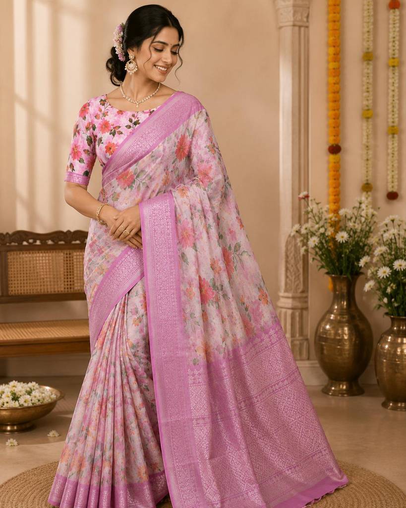 Premium Digital Print Nizam Border Blouse – Peach Floral Design