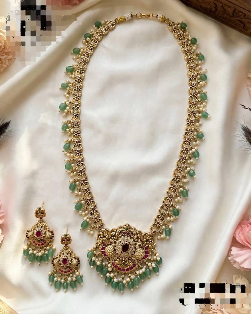 Antique Gold Finish Green Beaded Long Necklace Set with Ruby Stones