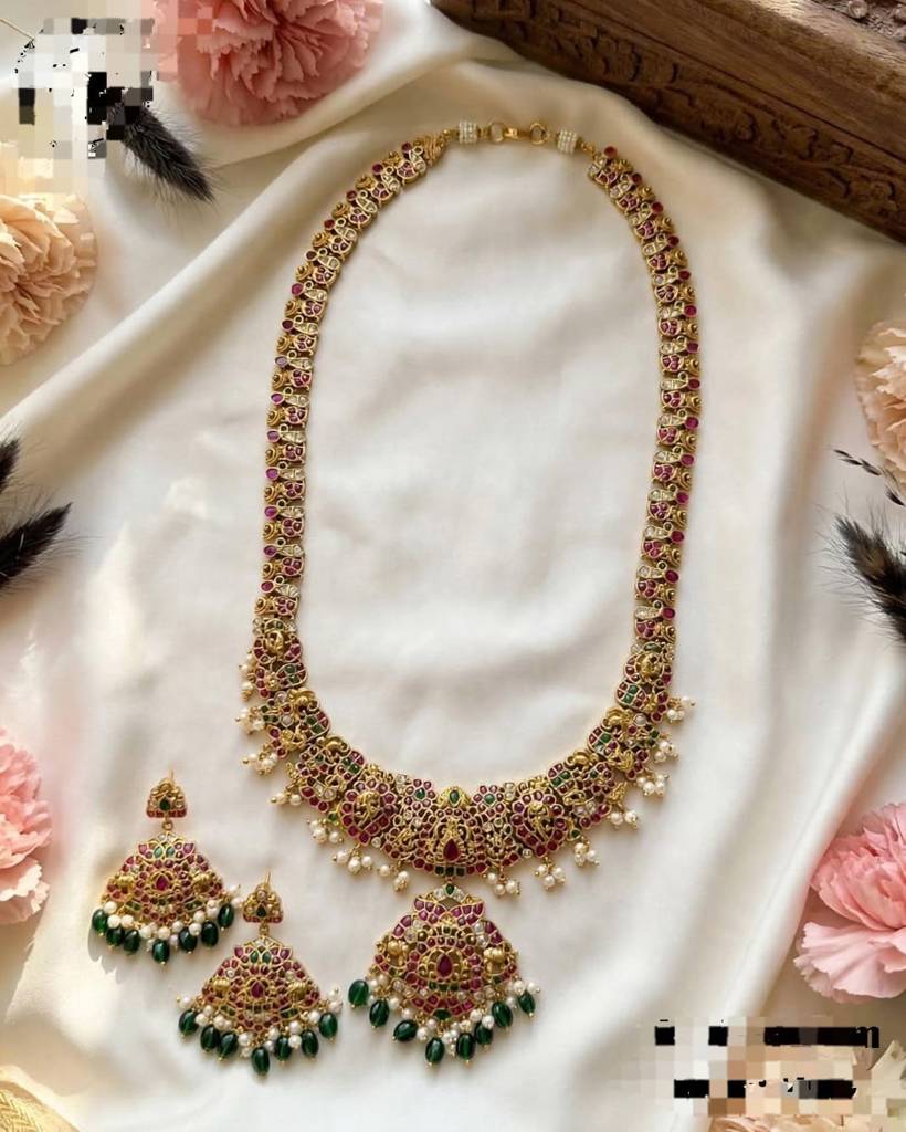 Antique Gold Finish Kemp Long Necklace Set with Ruby & Green Stones