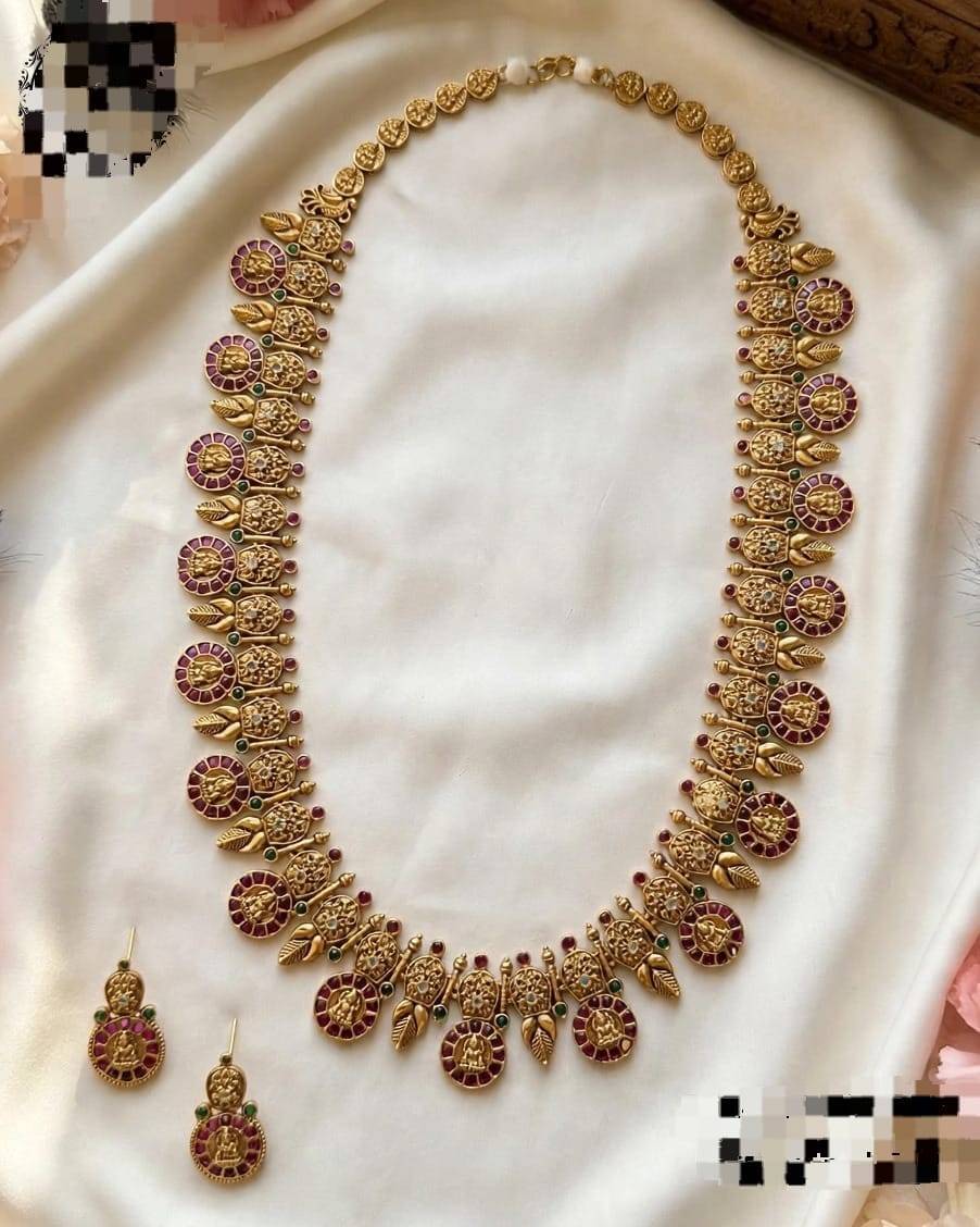Antique Gold Finish Lakshmi Coin Necklace Set with Ruby & Green Stones