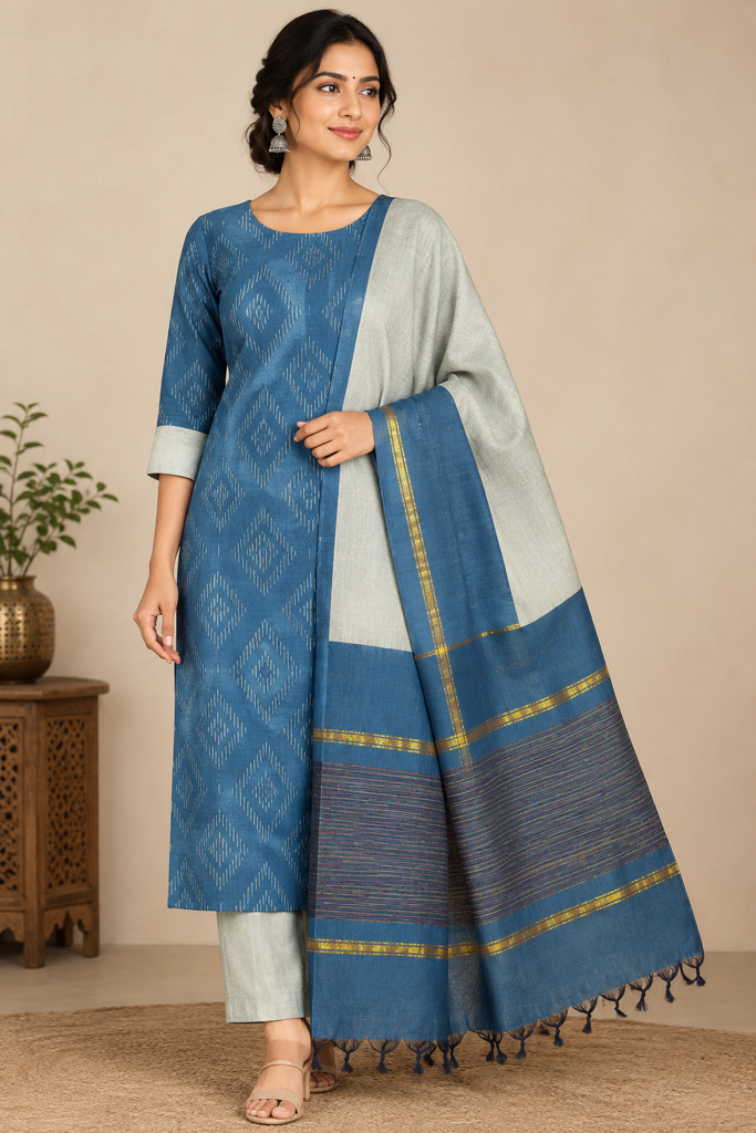 Blue Ikat Silk Dress Material with Cream Border