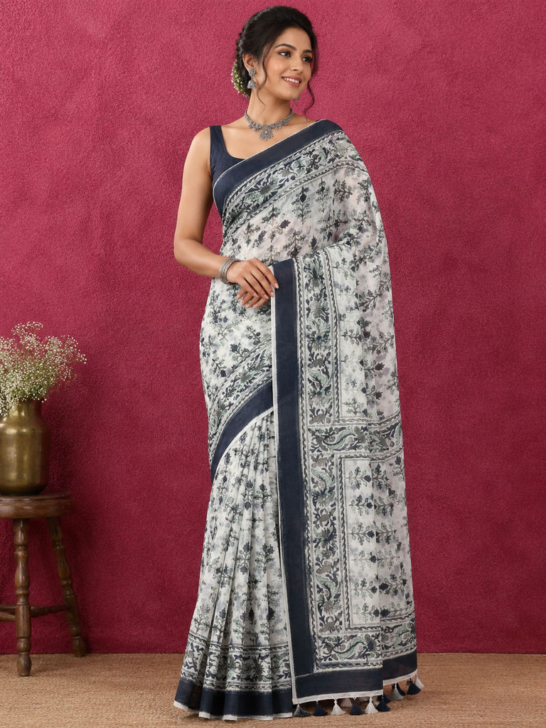 Beautiful Black and White Linen Cotton Saree
