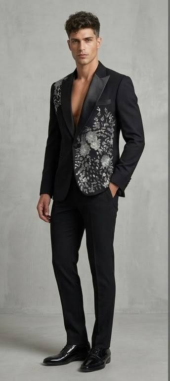 **Designer Wear | Black Embroidered Tuxedo Suit | Wedding Wear, Menswear, Indian Fusion Wear | Grooms & Family Weddings 