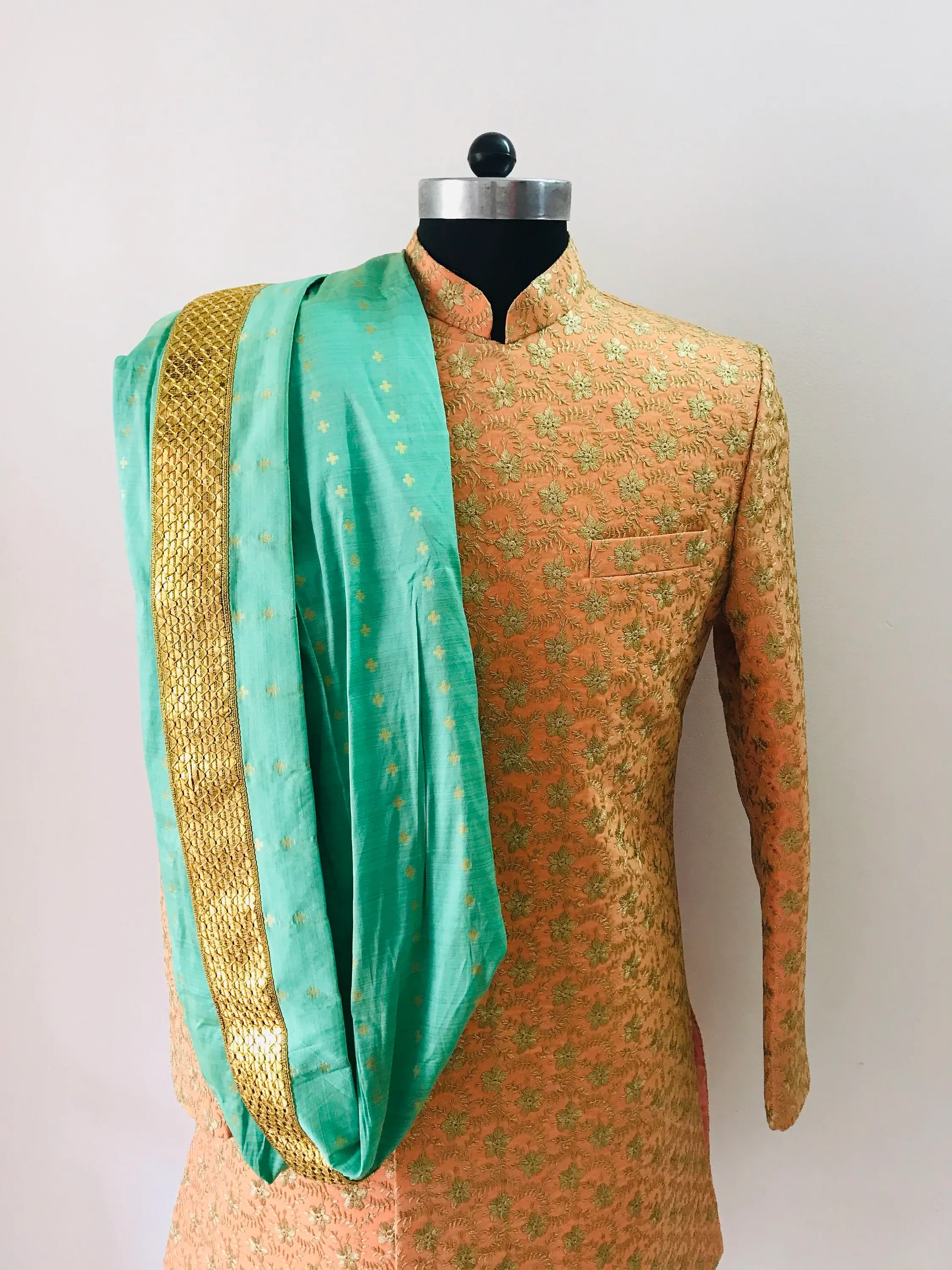 Designer wear | light Orange Silk  Sherwani | Wedding Wear, Menswear, Indian Wear.| Family Weddings & Grooms | Tradition