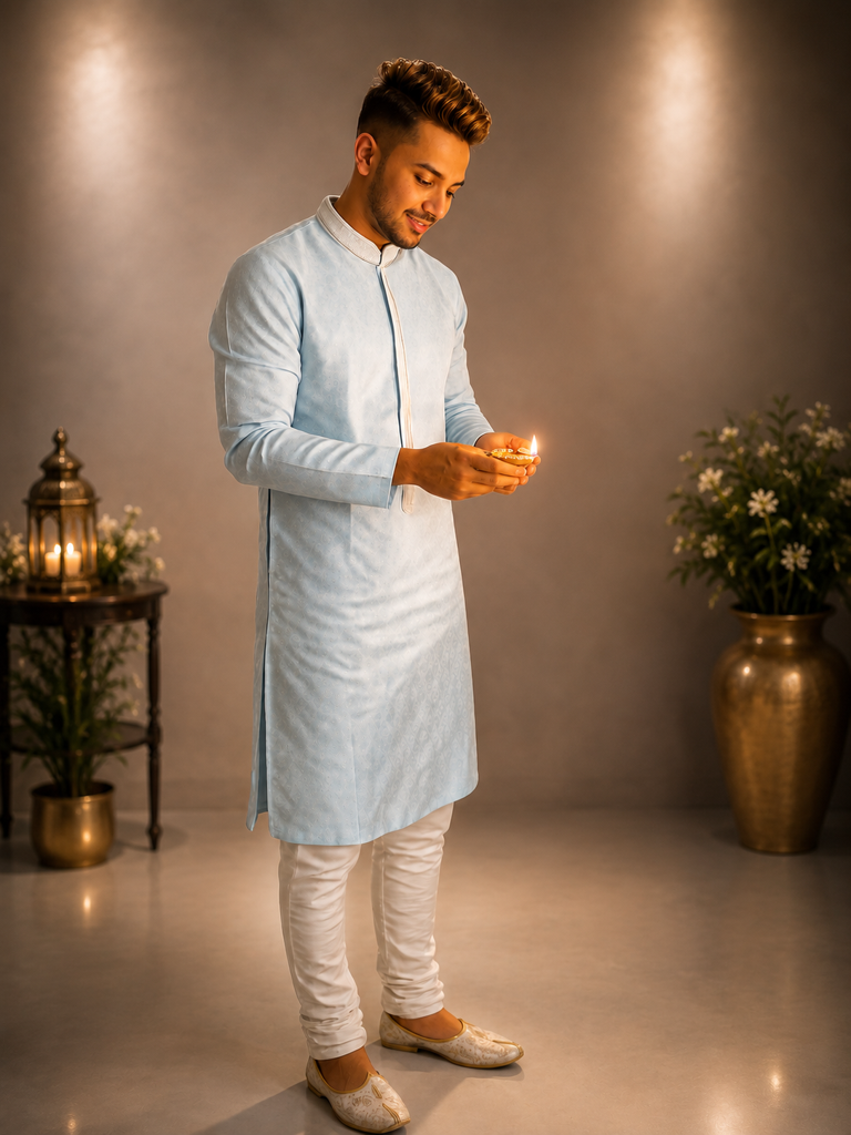 Men's Sky Blue Jacquard Kurta – Premium Festive & Ethnic Wear