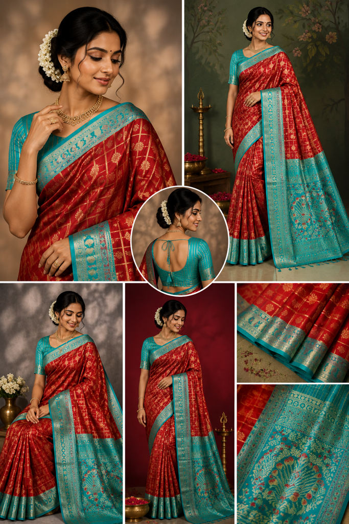 Red Kanchipuram Silk Saree with Teal Blue Floral Border | Handloom Bridal Saree 