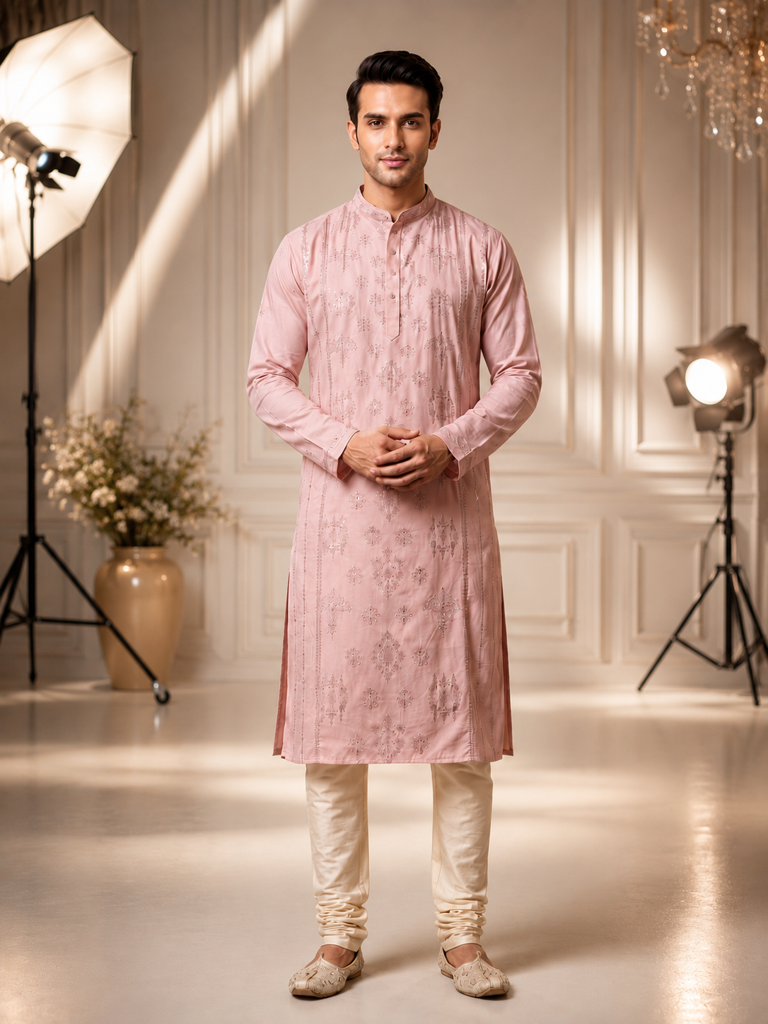 Classic Blush Pink Silk Blend Embroidered Kurt