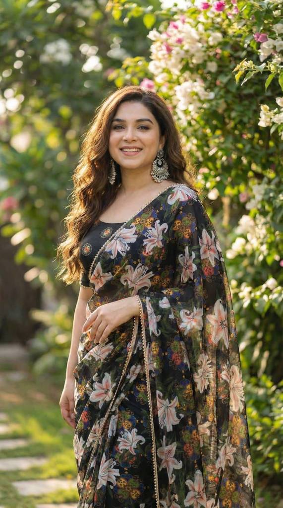 Elegant Black Floral Organza Saree with Lily Print
