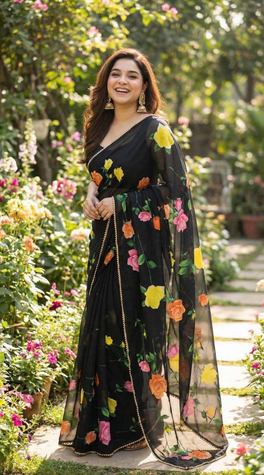 Elegant Black Organza Saree with Multicolor Rose Floral Print