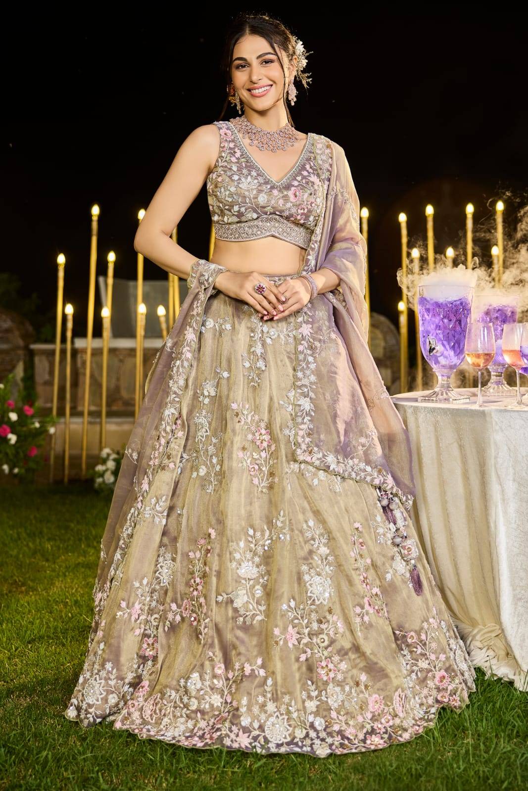 Elegant Champagne Gold Embroidered Lehenga Choli with Pastel Floral Threadwork, Mirror Embellishments and Sheer Dupatta