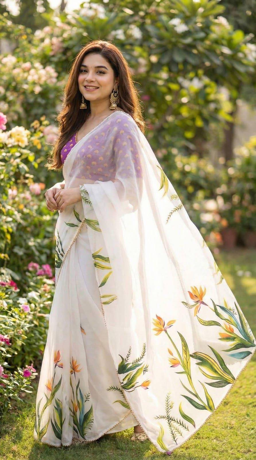 Elegant Ivory  Organza Saree with Botanical Leaf Print on Blouse