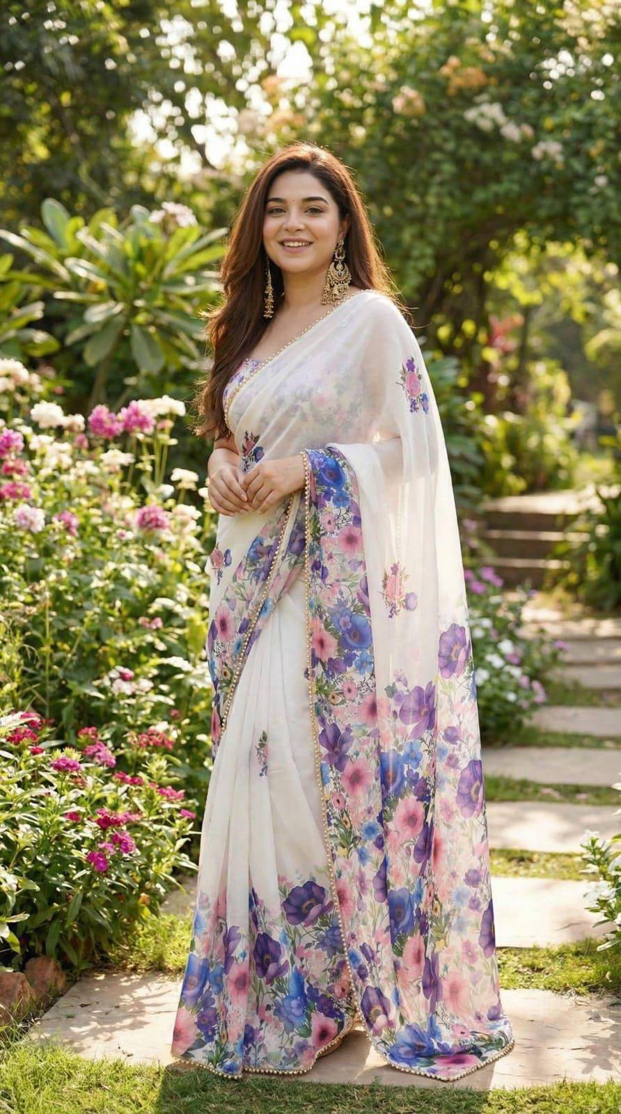 Elegant Ivory White Organza Saree with Botanical Leaf Print & Royal Purple Blouse