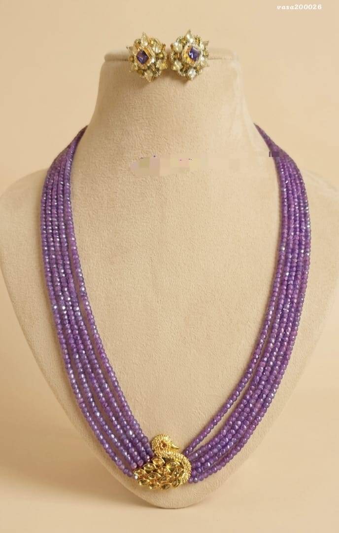 Elegant Lavender Multi-Layer Beaded Necklace Set with Swan Pendant & Stud Earrings