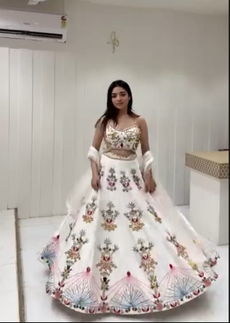 Elegant White Floral Embroidered Lehenga Choli with Multicolor Floral Motifs and Designer Flared Skirt
