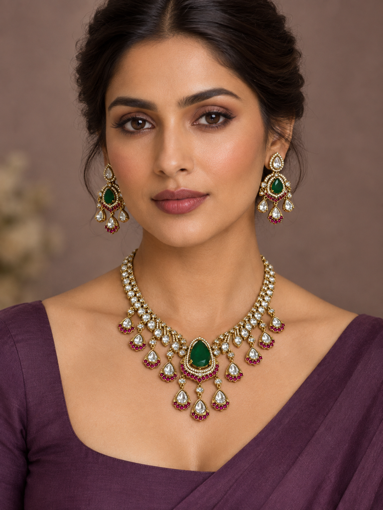 Emerald Green Kundan-Style Necklace Set with Ruby Accents & Matching Earrings