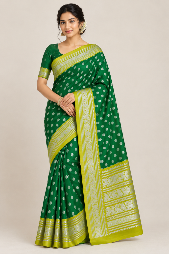 Emerald Green Venkatagiri Silk SaEree with Silver Butta Motifs and Broad Lime Green Zari Floral Border