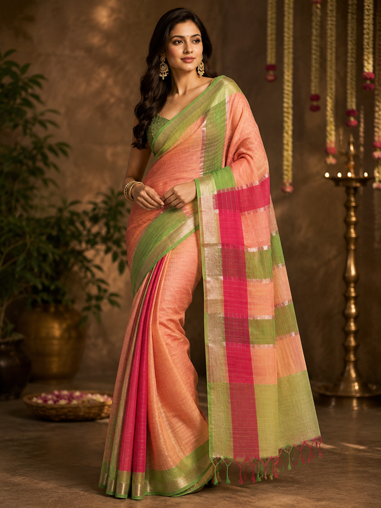 This is a vibrant, multi-colored handloom-style saree featuring a sophisticated checkered pattern throughout the fabric