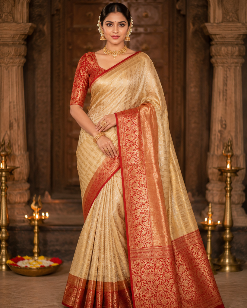 Tissue Off White Kanchipuram Silk Saree with Red Zari Border | Elephant Motif Bridal Saree 