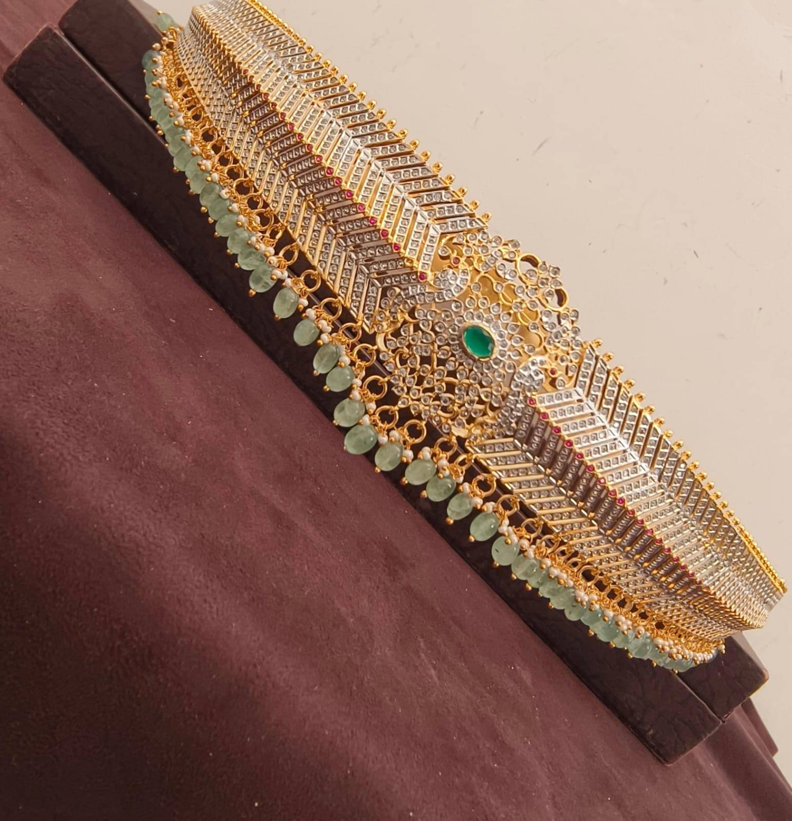 Gold-Plated Emerald Green Stone & Mint Bead Statement Choker | Designer Wedding Jewellery