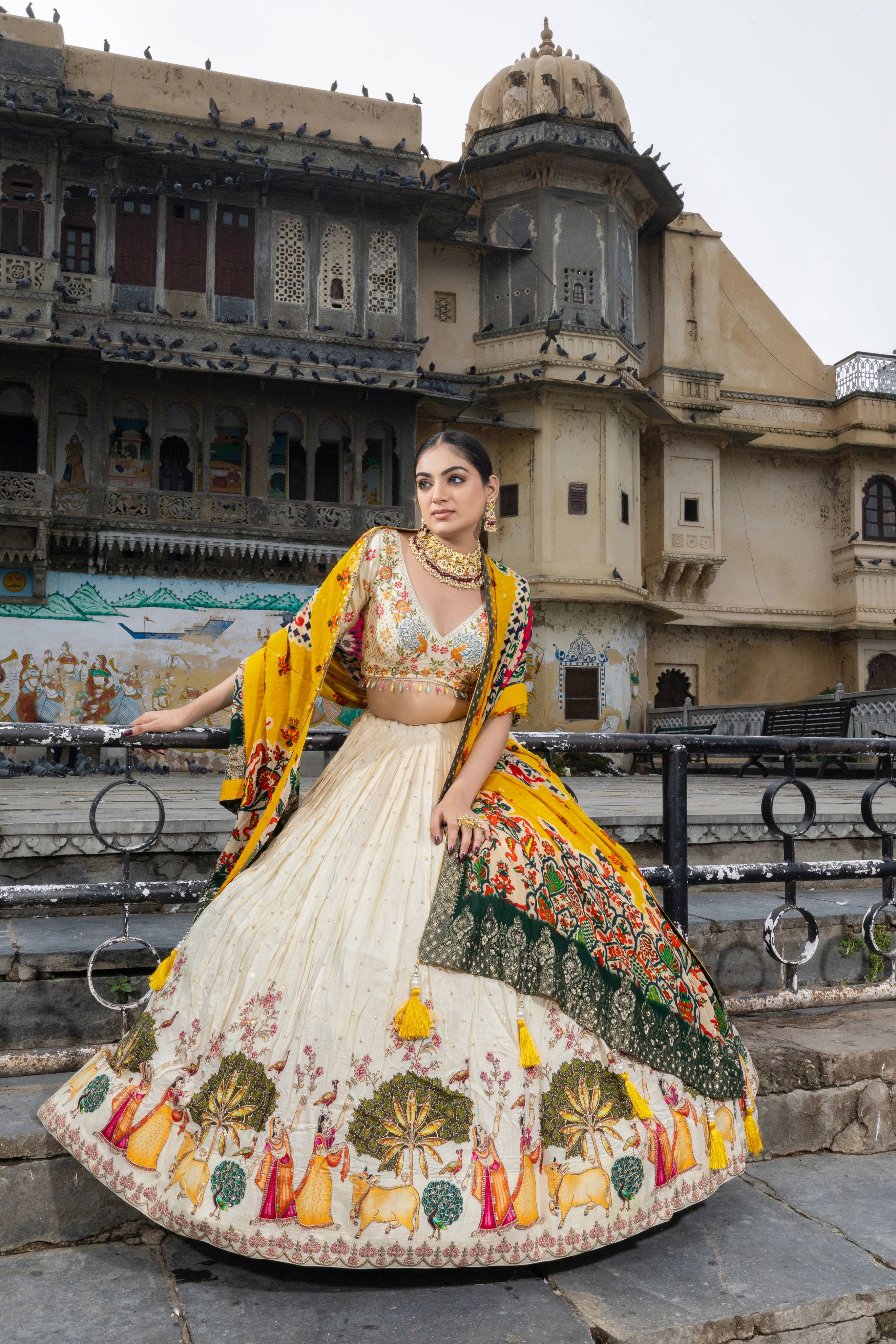 Ivory White Embroidered Lehenga Choli with Yellow Printed Dupatta 