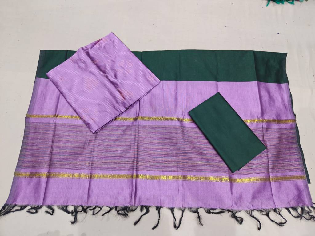 Lavender and green colour Ikkat  Silk Dress Material