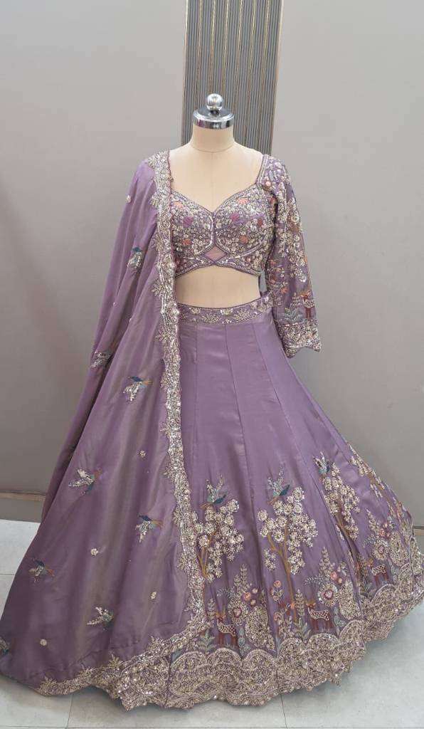 Lavender Purple Embroidered Lehenga Choli with Floral Work and Matching Dupatta 