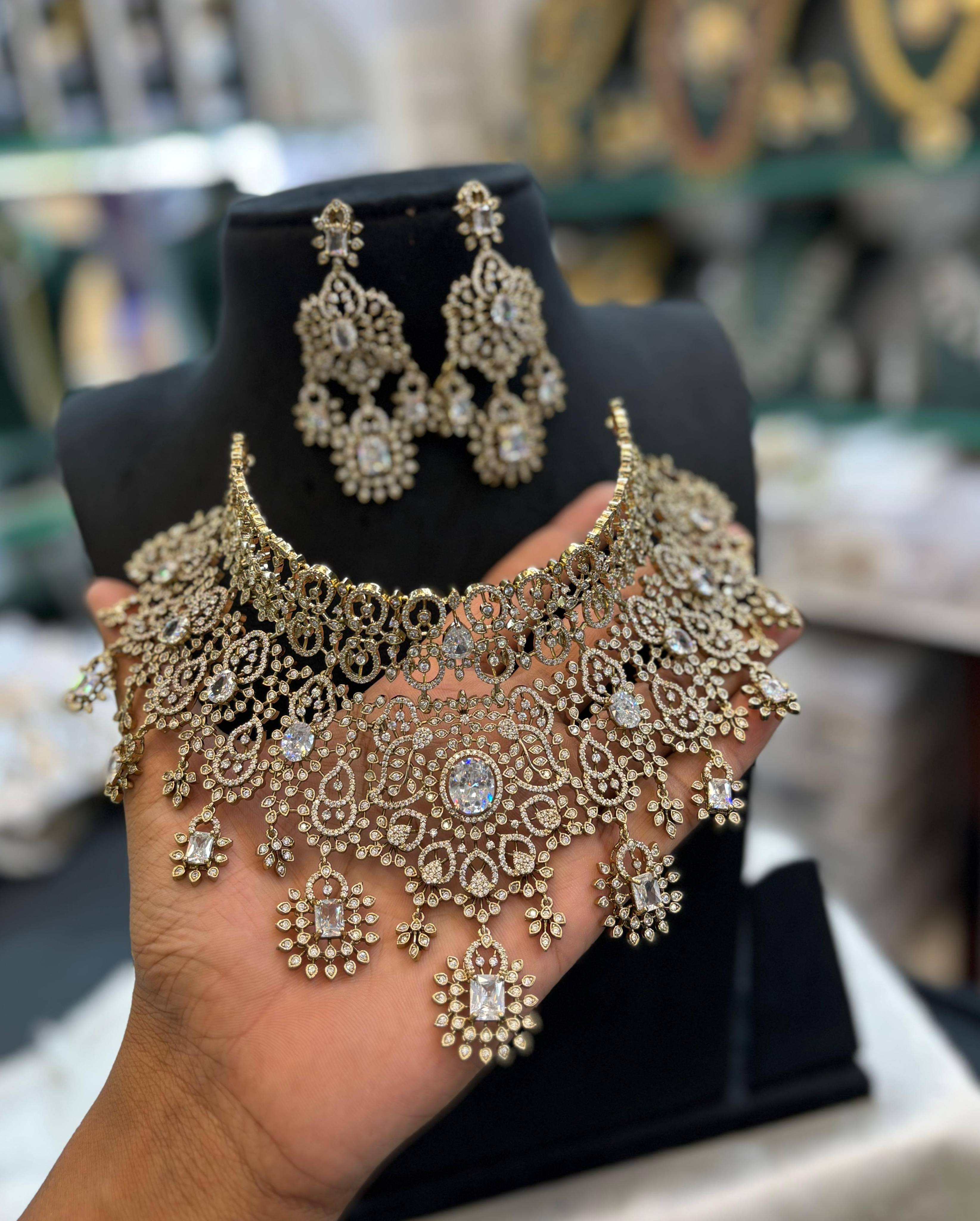 Luxury Antique Finish CZ Bridal Choker Set | Premium Statement Necklace with Earrings