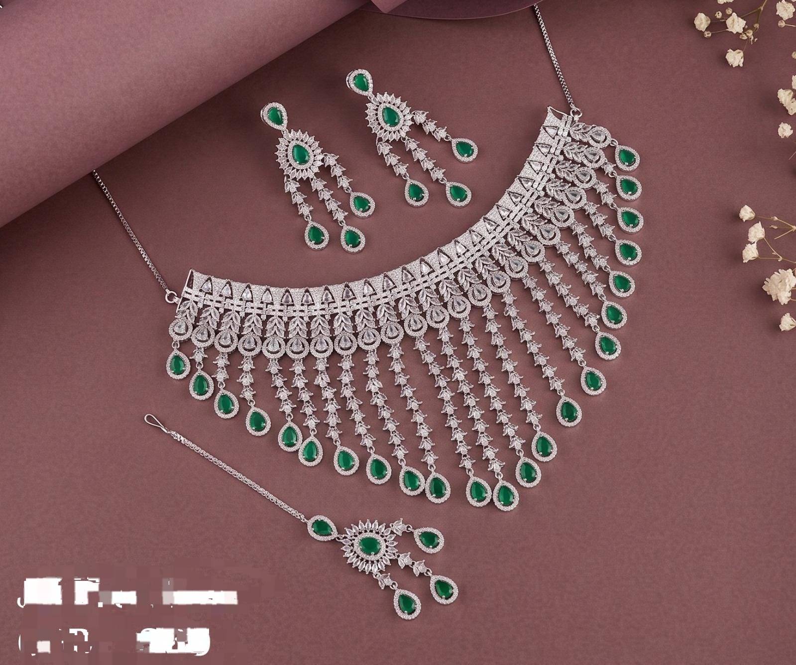Luxury Emerald Green CZ Bridal Necklace Set | Premium AD Choker with Earrings & Maang Tikka