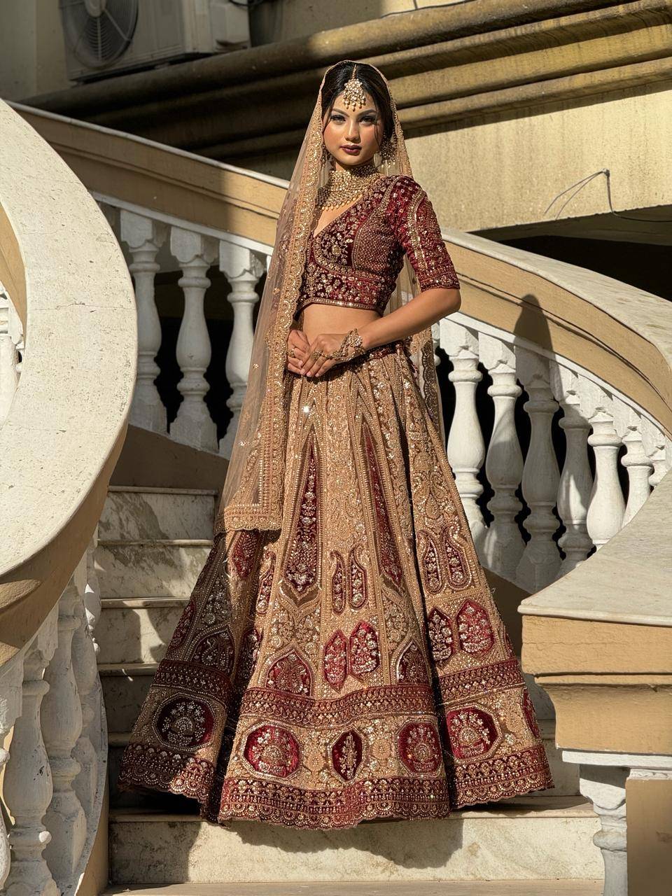 Maroon & Champagne Heavy Embroidered Bridal Lehenga Choli with Double Dupatta
