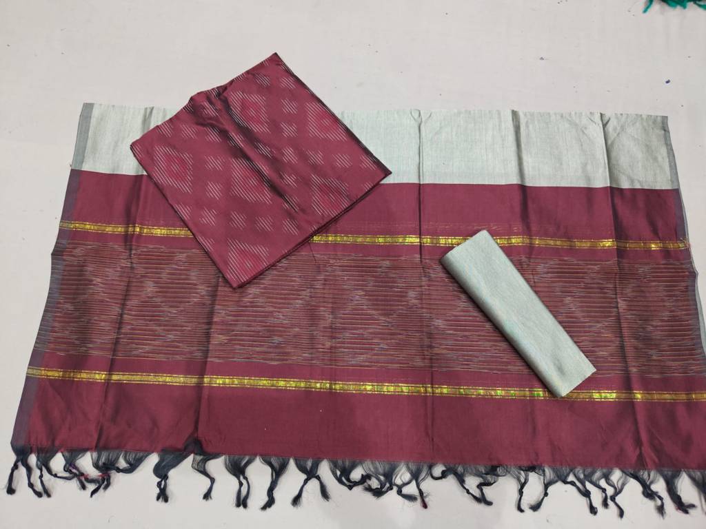 Maroon Ikat Dress Material with Silver-Grey Contrast, Gold Zari Border and Striped Pallu