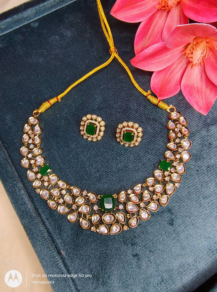 Mosannite kundans necklace with earrings studs ( Emeralds )