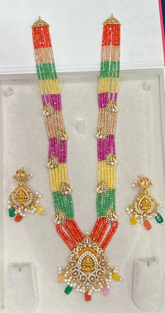 Multicolor Beaded Lakshmi Pendant Necklace Set with Matching Earrings