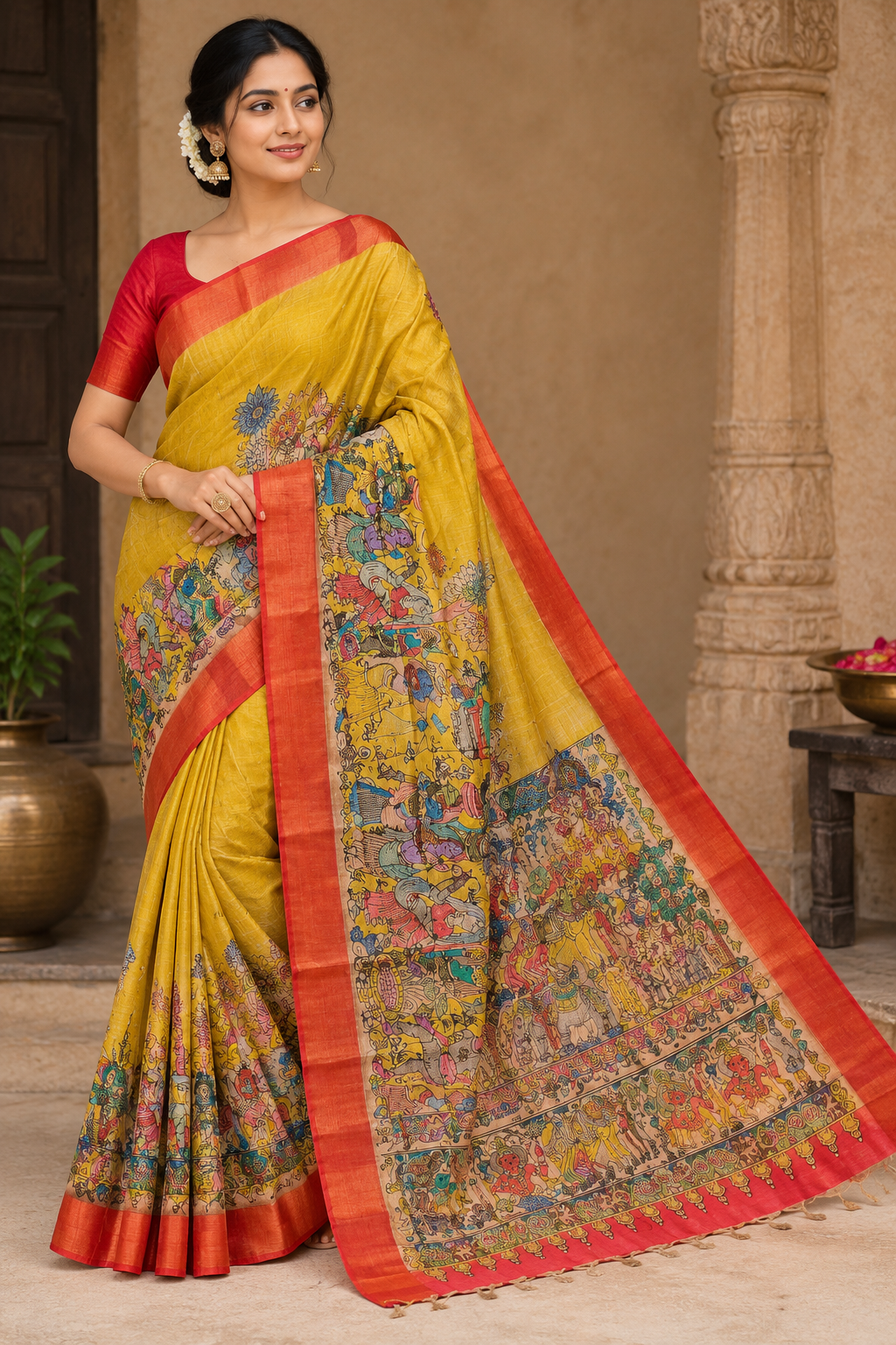 Mustard Yellow Kalamkari Silk Saree with Multicolour Traditional ...