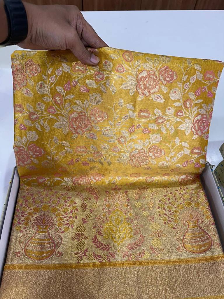 Mustard Yellow Kanjivaram Silk Saree with Pink Floral Zari Weaving and Traditional Kalash Motif Border