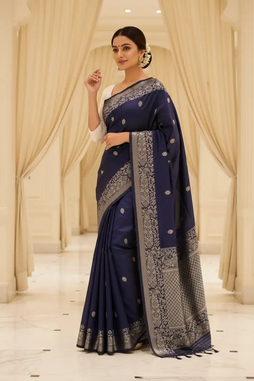 Navy Blue Banarasi Silk Saree with Silver Buti and Zari Border