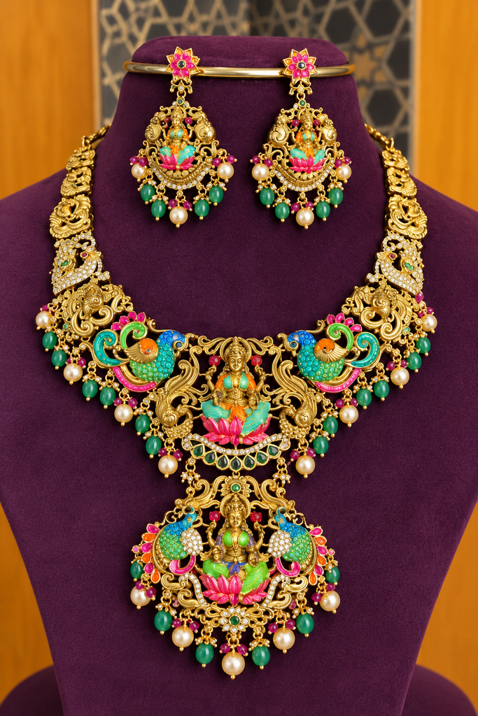 Premium Antique Gold Finish Lakshmi Peacock Temple Necklace Set with Earrings
