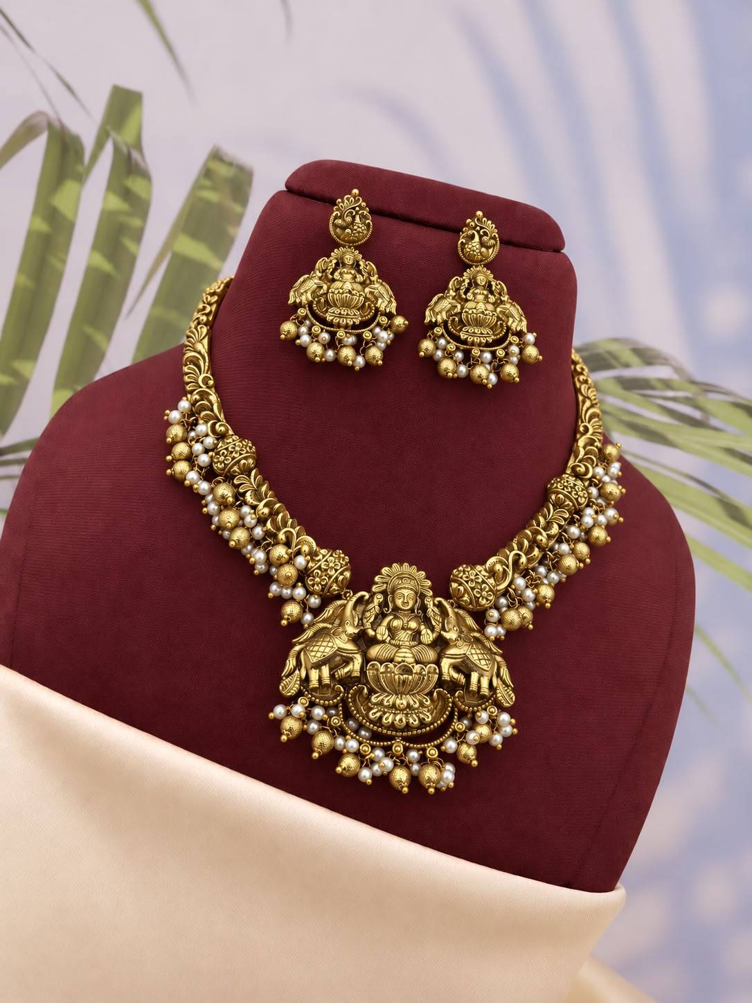 Premium Antique Gold Lakshmi Temple Necklace Set with Elephant Motif & Pearl Drops