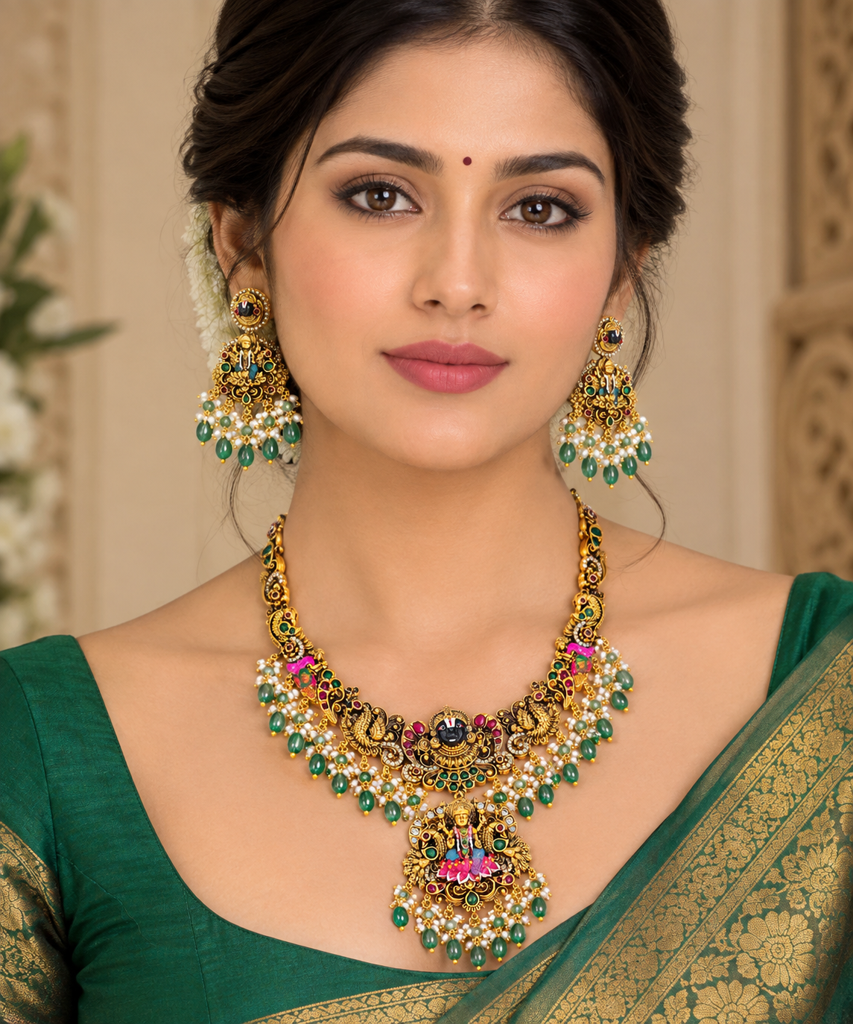Premium Gold-Finish Minakari Nakshi Temple Jewellery Set with Green Beads and Pearl Drops