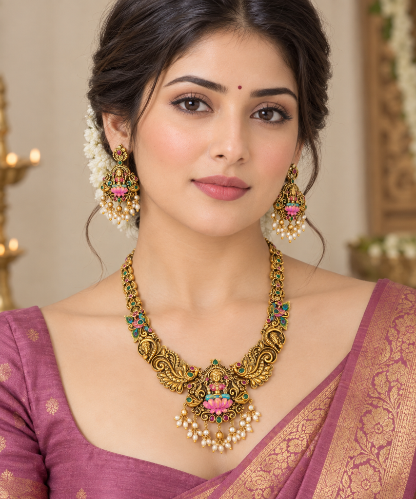 Premium Gold-Finish Nakshi Temple Jewellery Set with Multicolor Stones and Pearl Drops
