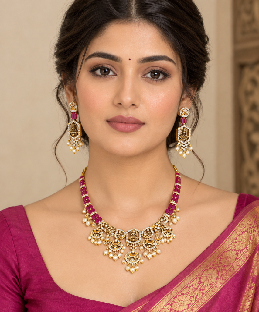 Premium Gold-Finish Temple Jewellery Set with Magenta Stones, CZ Embellishments and Pearl Drops