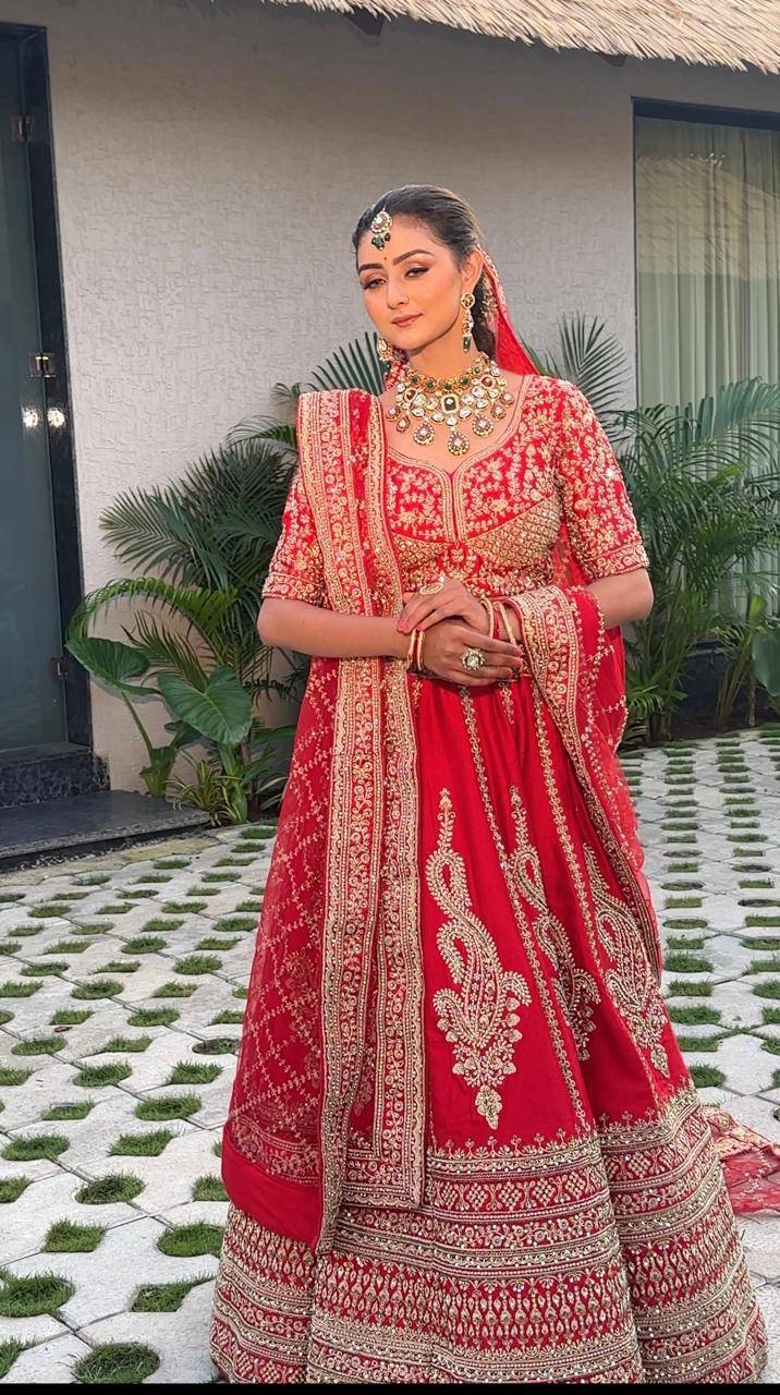 Red and Gold heavily embroidered Lehenga/Anarkali-style set with Dupatta: