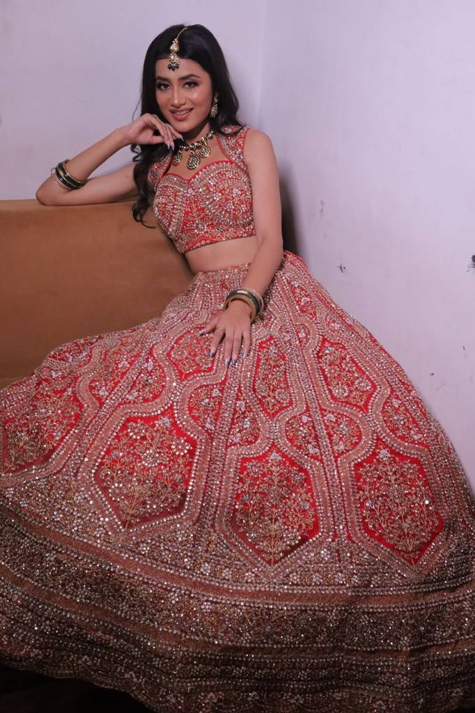Red Bridal Lehenga Choli with Heavy Sequin, Bead & Zari Embroidery With Dupatta
