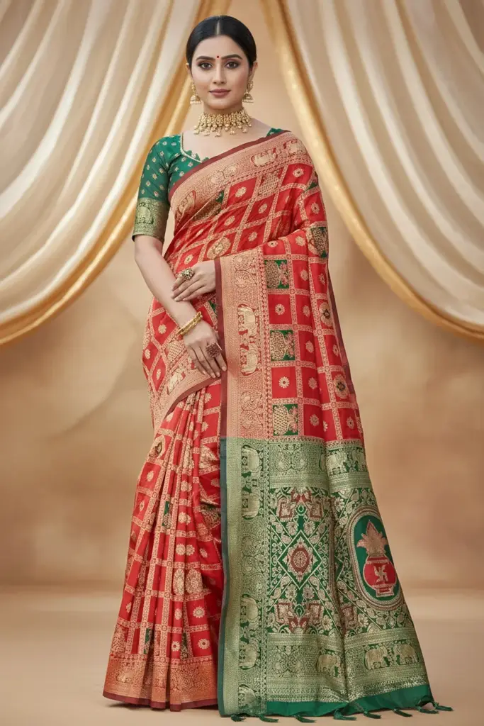 Red Patola Silk Saree with Green Zari Border