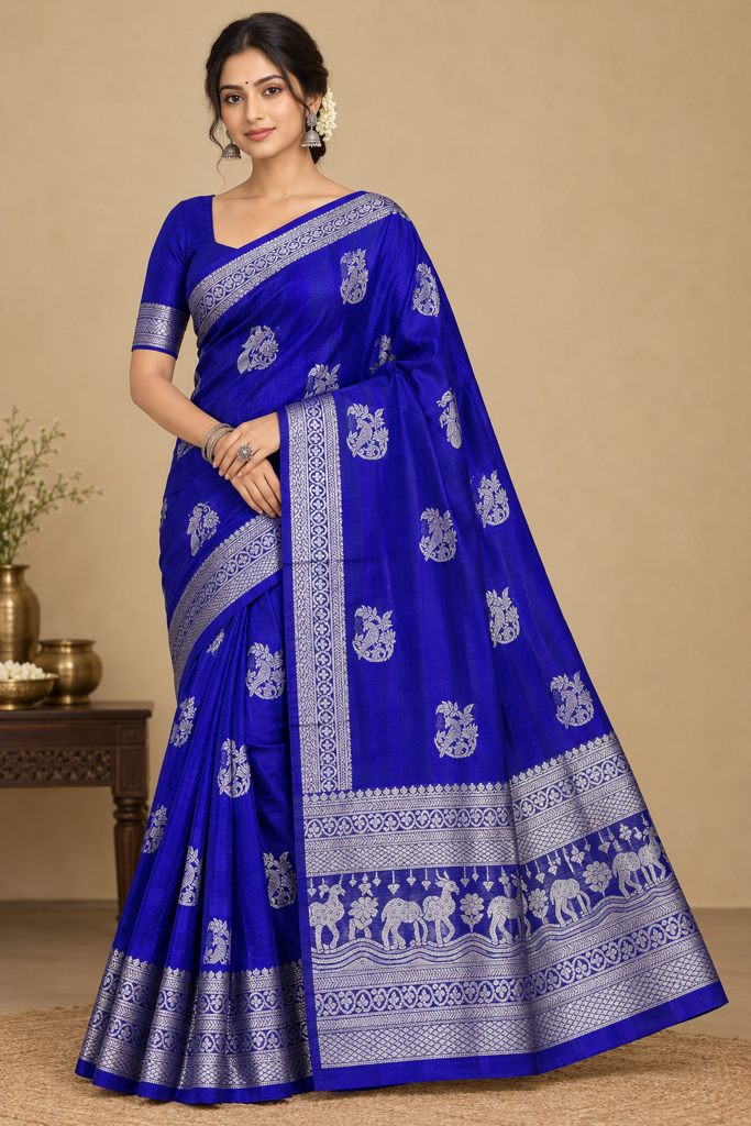 Royal Blue Silk Saree with Silver Zari Peacock Motifs and Traditional Elephant Design Border