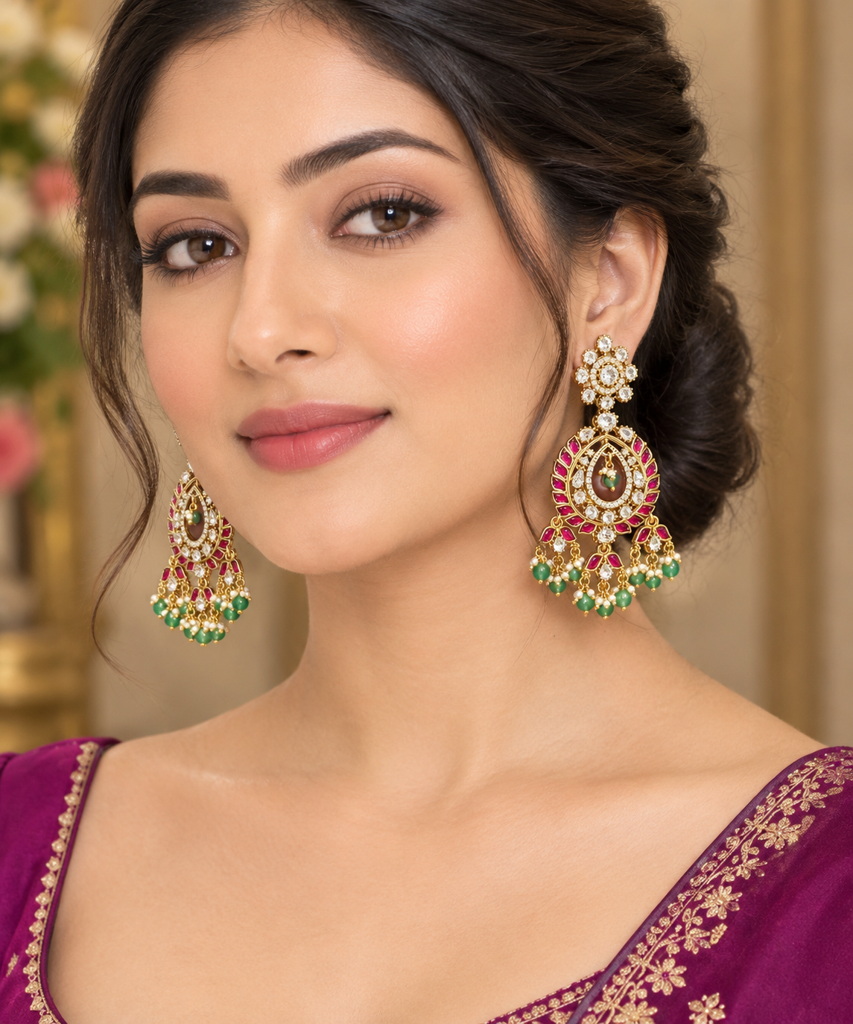 Royal Kundan-Inspired Pink & Green Stone Chandelier Earrings