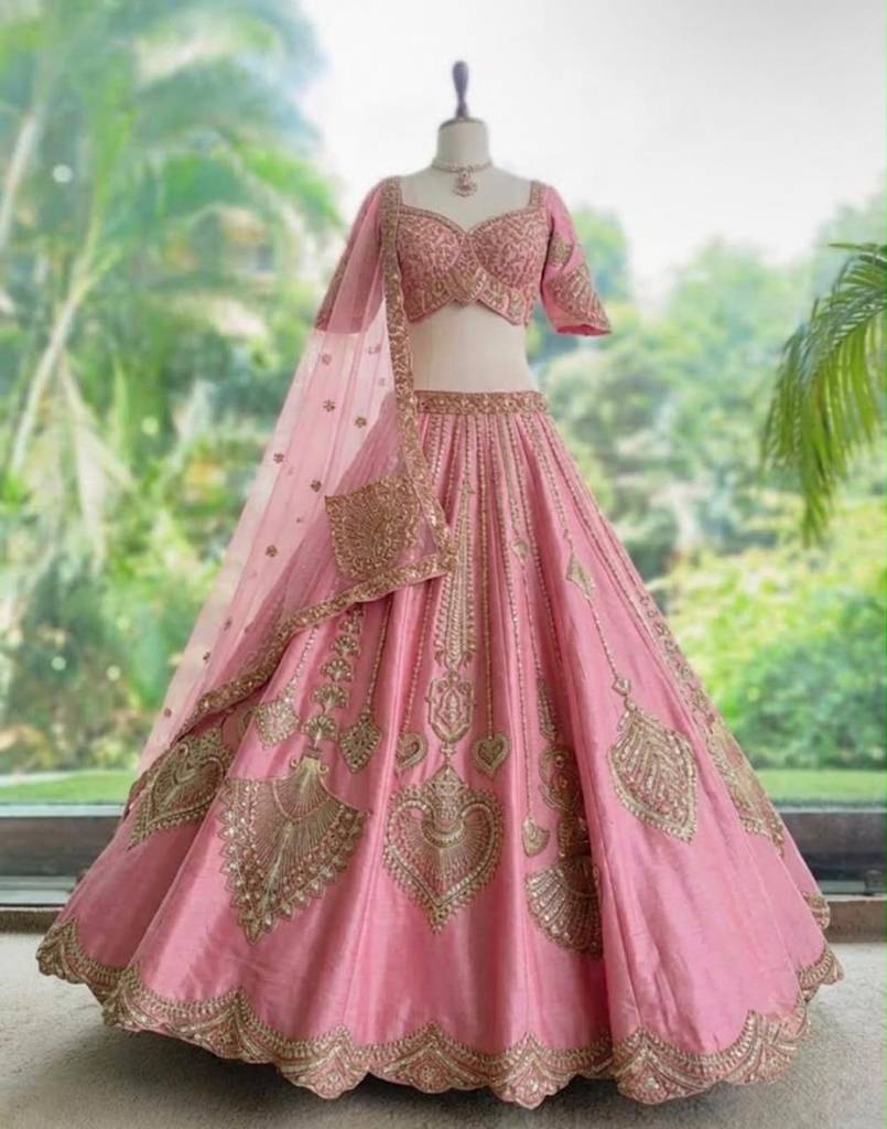 Royal Light  Pink Bridal Lehenga Choli with Intricate Golden Embroidery & Dupatta