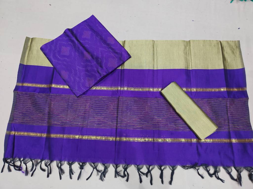 Royal Purple Ikat Dress Material with Gold Zari Border, Silver-Grey Contrast and Striped Pallu