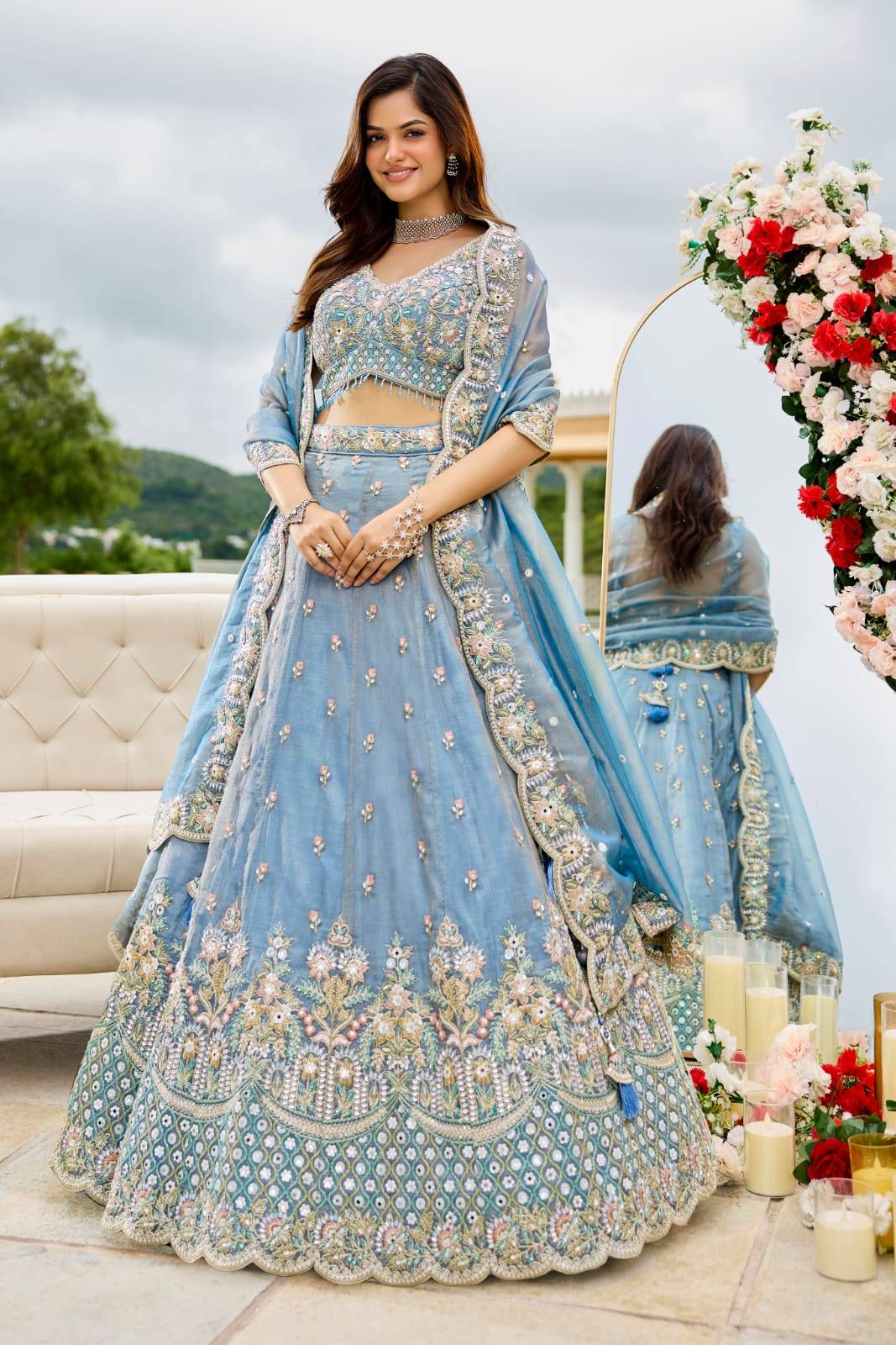 Sky Blue Embroidered Bridal Lehenga Choli with Dupatta – Heavy Floral Zari & Sequin Work