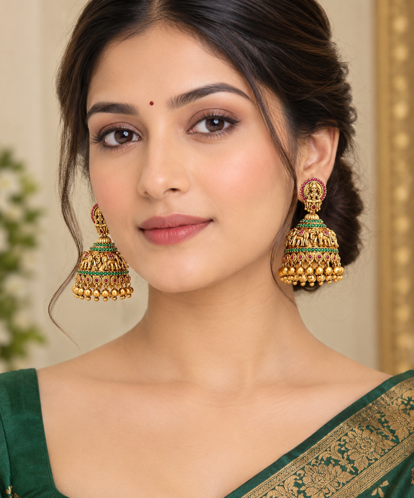 Traditional Temple Jewellery Green & Ruby Stone Gold-Tone Jhumka Earrings