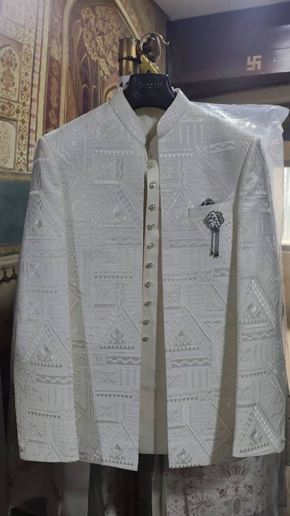 White Embroidered  Jodhpuri  (3piece set)  Jacket